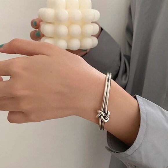 Knot Sterling Silver Bangle Cuff Bracelet, Elegant Matching Ring Set - Picture 13 of 15